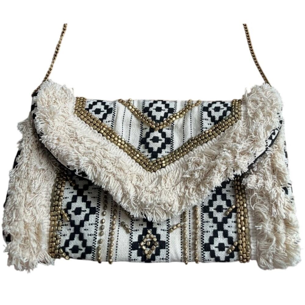 ANTIK KRAFT | Boho Chic Beaded Fringe Black & White w/Chain Strap Purse | EUC